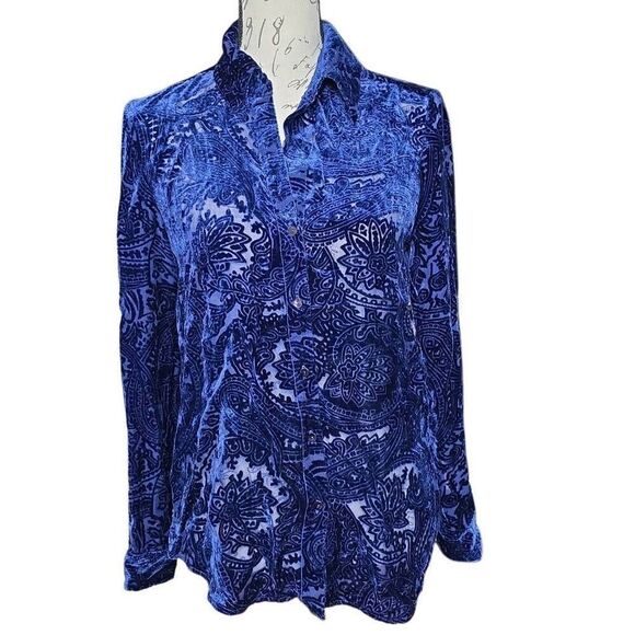 L'Agence Ladies Size XS/T Navy Velvet Paisley Sheer Button Down Blouse - Picture 1 of 4